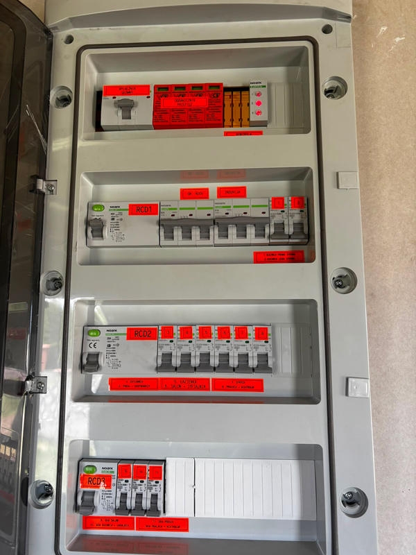 Rozdzielnica elektryczna z opisaną aparaturą zabezpieczającą