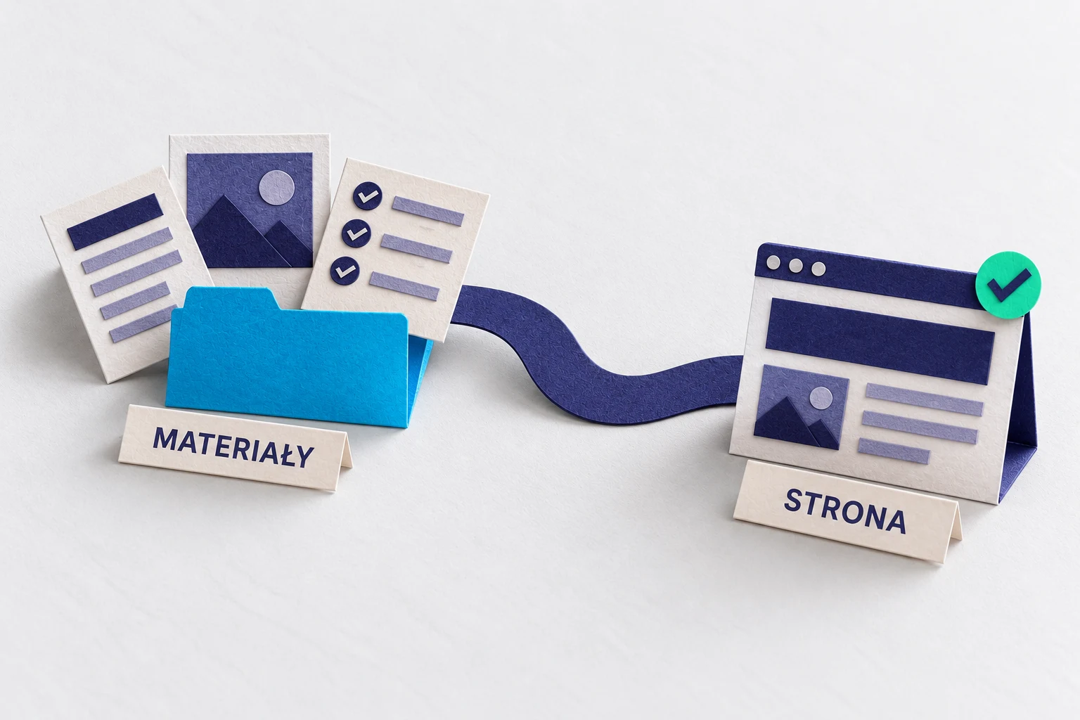 Papierowy folder z tekstami, zdjęciem i listą kontrolną połączony ze stroną internetową — przygotowanie materiałów do projektu