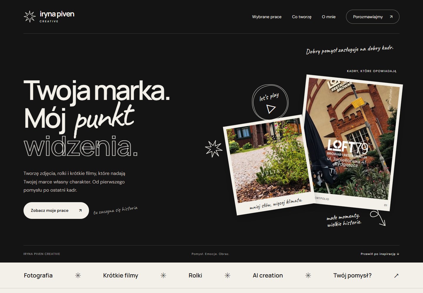 Strona Iryna Piven Creative — portfolio fotografii, rolek i krótkich filmów dla marek